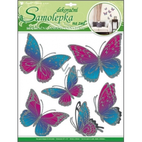 Samolepky na zeď motýli růžovomodří s pohyblivými stříbrnými křídly 39 x 30 cm