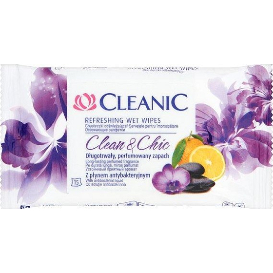 Cleanic Clean & Chic antibakteriální vlhčené osvěžující ubrousky na ruce a tělo 15 kusů