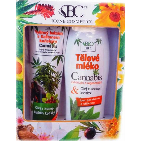 Bione Cosmetics Cannabis bylinný balzám s Kaštanem Koňským 300 ml + tělové mléko regenerační 500 ml, dárková sada