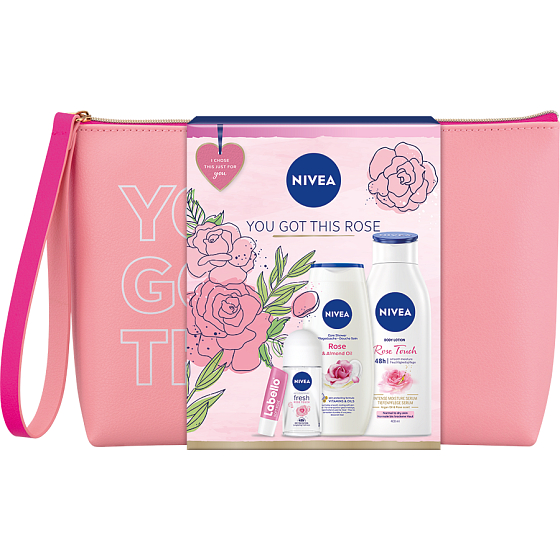 Nivea You Got This Rose Fresh Rose Touch kuličkový antiperspirant 50 ml + Rose sprchový gel 250 ml + Rose Touch tělové mléko 400 ml + Labello Soft Rosé balzám na rty 4,8 g + kosmetická taštička, kosmetická sada pro ženy