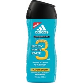 Adidas Water Sport 3v1 sprchový gel na tělo, vlasy a tvář pro muže 250 ml