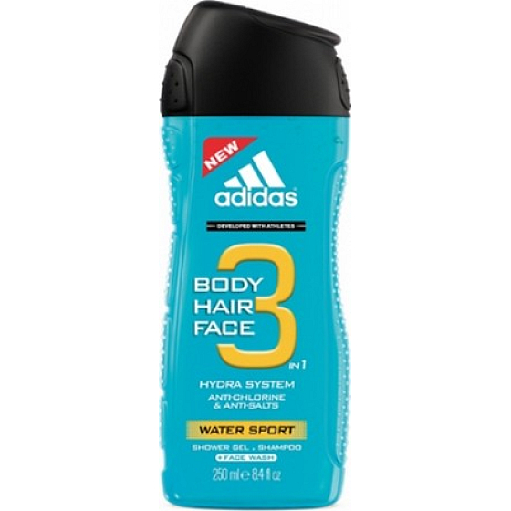 Adidas Water Sport 3v1 sprchový gel na tělo, vlasy a tvář pro muže 250 ml
