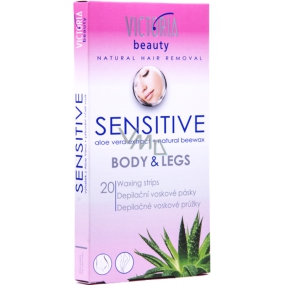 Victoria Beauty Sensitive depilační voskové pásky na tělo a nohy 20 kusů a ubrousky 2 kusy