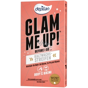Depilan Glam Me Up! depilační pásky ze studeného vosku 16 kusů a hydratační ubrousky 2 kusy