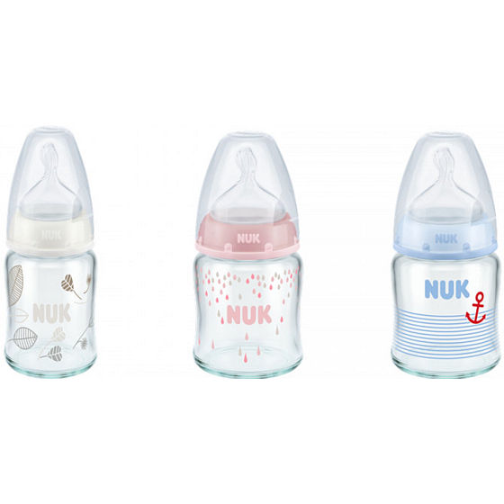 Nuk Láhev skleněná s ortodontickou silikonovou savičkou 0-6 měsíců velikost 1, 120ml 1 kus v balení, různé barvy