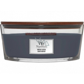 WoodWick Indigo Suede - Modrý semiš vonná svíčka s dřevěným širokým knotem a víčkem sklo loď 453 g