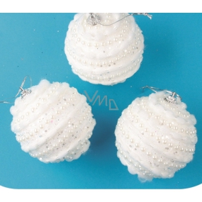 Baňky bílé s perličkami, na zavěšení 8 cm 3 kusy