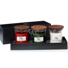 WoodWick Crimson Berries - Jeřabiny s kořením + Frasier Fir - Jedle + White Teak - Bílý teak vánoční dárková sada svíček s dřevěným knotem a víčkem sklo malá 3 x 85 g