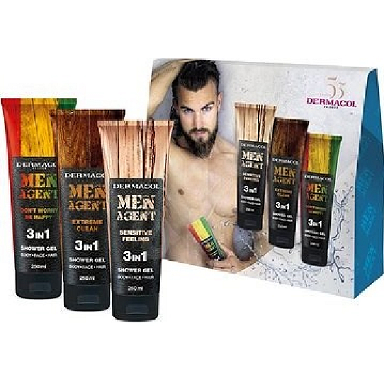 Dermacol Men Agent 3v1 Sensitive Feeling sprchový gel 250 ml + 3v1 Extreme Clean sprchový gel 250 ml + 3v1 Dont worry be happy sprchový gel, kosmetická sada pro muže