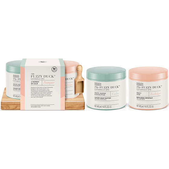 Baylis & Harding Cotswold Spa Jasmín a Eukalyptus, Růže a Broskev krystalky do koupele 400 g + tělové máslo 400 ml, kosmetická sada pro ženy