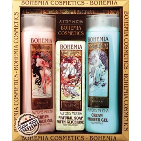 Bohemia Gifts Alfons Mucha Šípky a růže krémový sprchový gel 200 ml + aquaminerály krémový sprchový gel 200 ml + toaletní mýdlo s glycerinem a extrakty z listů oliv a citrusu 120 g, kosmetická sada