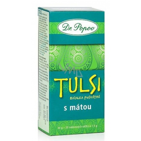 Dr. Popov Tulsi bazalka posvátná s mátou čaj podporuje přirozený imunitní systém, vitalitu, stres 30 g, 20 nálevových sáčků á 1,5 g