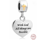 Charm Sterlingové stříbro 925 Náboženská kouzla s Bohem je možné všechno srdce, přívěsek na náramek