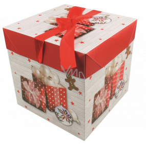 Dárková krabička skládací s mašlí Vánoční s dárky a perníčkem 10,5 x 10,5 x 10,5 cm