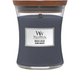 WoodWick Indigo Suede - Modrý semiš vonná svíčka s dřevěným knotem a víčkem sklo střední 275 g