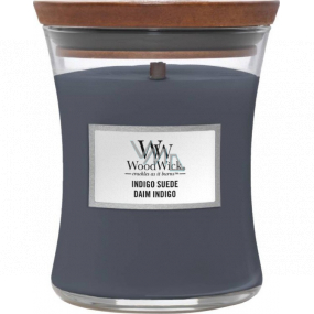 WoodWick Indigo Suede - Modrý semiš vonná svíčka s dřevěným knotem a víčkem sklo střední 275 g
