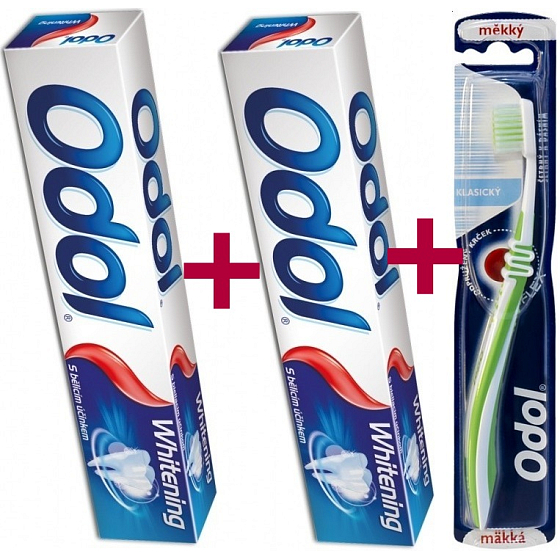 Odol Whitening zubní pasta s bělicím účinkem 2 x 75 ml, duopack + Odol Klasický měkký zubní kartáček