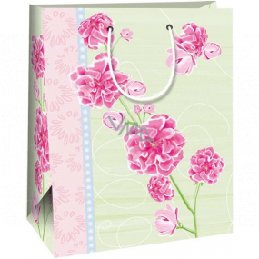 Ditipo Dárková papírová taška 26,4 x 13,7 x 32,4 cm Zelená, růžové květy
