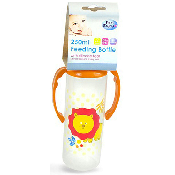 First Steps Jungle 0+ kojenecká láhev s úchopy Lev 250 ml