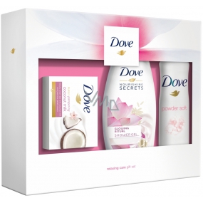 Dove Nourishing Secrets Rozzařijící Rituál Lotosový květ a rýžová voda sprchový gel pro ženy 250 ml + Purely Pampering toaletní mýdlo 100 g + Powder Soft antiperspirant deodorant sprej pro ženy 150 ml, kosmetická sada