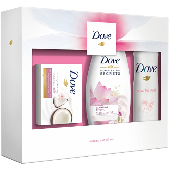 Dove Nourishing Secrets Rozzařijící Rituál Lotosový květ a rýžová voda sprchový gel pro ženy 250 ml + Purely Pampering toaletní mýdlo 100 g + Powder Soft antiperspirant deodorant sprej pro ženy 150 ml, kosmetická sada