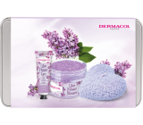 Dermacol Lilac Flower - Šeřík krém na ruce 30 ml + tělový peeling 200 g + vonná svíčka 130 g + plechová dóza, kosmetická sada pro ženy