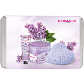 Dermacol Lilac Flower - Šeřík krém na ruce 30 ml + tělový peeling 200 g + vonná svíčka 130 g + plechová dóza, kosmetická sada pro ženy