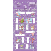 Arch Vánoční etikety samolepky na dárky Prasátko a stromeček, fialový arch 12 etiket