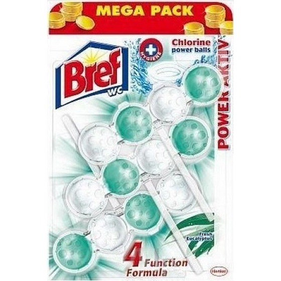 Bref Power Aktiv 4 Formula Chlorine Fresh Eucalyptus WC blok pro hygienickou čistotu a svěžest Vaší toalety, zbarvuje vodu Mega pack 3x50 g