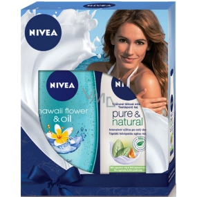 Nivea Hawaiian Flower & Oil sprchový gel 250 ml + Pure & Natural výživné tělové mléko pro velmi suchou pokožku 250 ml, pro ženy kosmetická sada