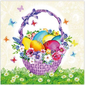 Aha Papírové ubrousky 3 vrstvé 33 x 33 cm 20 kusů Velikonočví fialový košík s vajíčky a motýlci