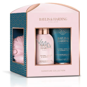 Baylis & Harding Jojoba, vanilka & mandlový olej mycí gel 100 ml + tělové mléko 50 ml + mycí žínka, kosmetická sada pro ženy