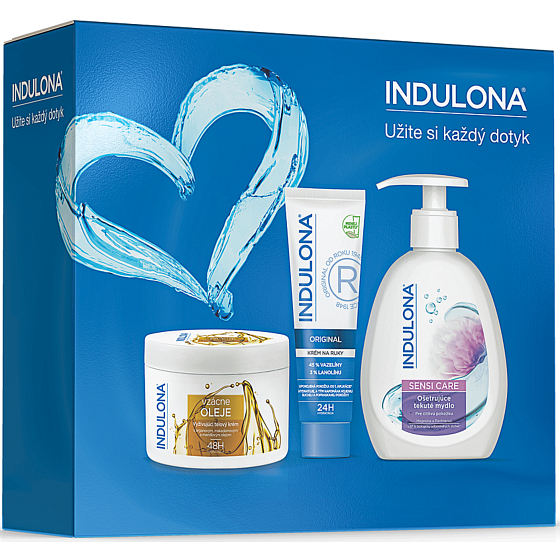 Indulona Original krém na ruce 75 ml + Vzácné oleje vyživující tělový krém pro suchou pokožku 250 ml + Sensi Care tekuté mýdlo pro citlivou pokožku dávkovač 300 ml, kosmetická sada