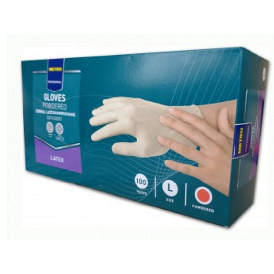 Metro Professional Rukavice jednorázové, Latex pudrované bílé , velikost L, box 100 kusů
