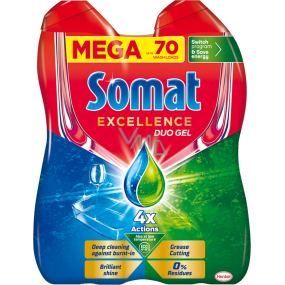 Somat Excellence Duo Gel Grease Cutting gel do myčky zaručí perfektní čistotu a zářivý lesk 70 dávek 2 x 630 ml, duopack