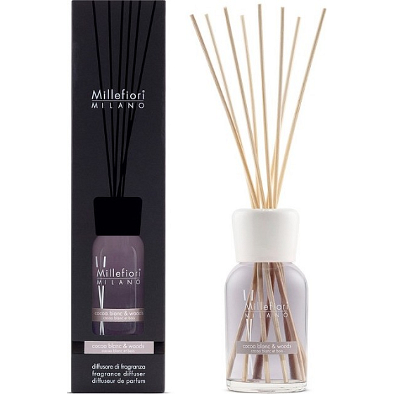 Millefiori Milano Natural Cocoa Blanc & Woods - Bílé kakao a dřeva Difuzér 250 ml + 8 stébel v délce 30 cm do středně velkých prostor vydrží minimálně 3 měsíce