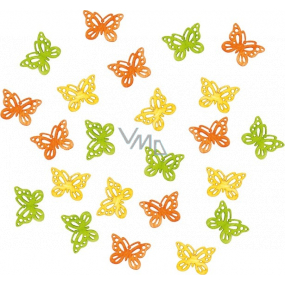 Motýli dřevění oranžovo-žluto-zelení 2 cm 24 kusů