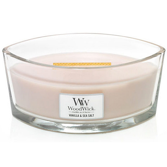 WoodWick Vanilla & Sea Salt - Vanilka a mořská sůl vonná svíčka s dřevěným širokým knotem a víčkem sklo loď 453 g