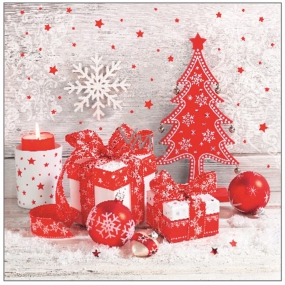 Aha Papírové ubrousky 3 vrstvé 33 x 33 cm 20 kusů Vánoční bílé, červený stromek, červené ozdoby