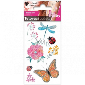Tetovací obtisky barevné dětské s glitry S vážkou 10,5 x 6 cm