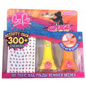 Bo-Po Supergal lak na nehty slupovací žlutý 2,5 ml + lak na nehty slupovací oranžový 2,5 ml + nálepky na nehty, kosmetická sada pro děti