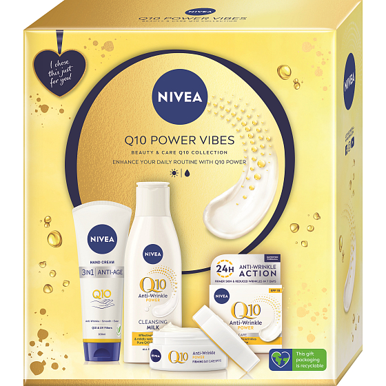 Nivea Q10 Power Vibes Q10 Anti-Age krém na ruce 100 ml + Q10 Power čisticí pleťové mléko proti vráskám 200 ml + Q10 Power denní krém proti vráskám 50 ml, kosmetická sada pro ženy