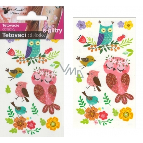 Tetovací obtisky barevné s glitry Sovy 10,5 x 6 cm