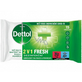 Dettol Fresh 2v1 Dezinfekční ubrousky na ruce a povrchy 15 kusů