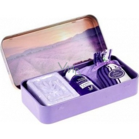 Esprit Provence Levandule toaletní mýdlo 60 g + vonný pytlík + esenciální olej 12 ml + plechová krabička s obrázkem levandulového pole, kosmetická sada pro ženy