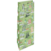 Nekupto Dárková papírová taška na láhev 33 x 10 x 9 cm Vánoční domečky zelená