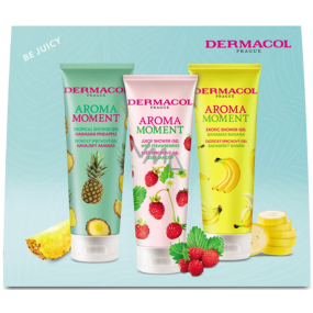 Dermacol Aroma Moment Hawaiian Pineapple - Havajský ananas sprchový gel 250 ml + Wild Strawberries - Lesní jahody sprchový gel 250 ml + Bahamas Banana - Bahamský banán sprchový gel 250 ml, kosmetická sada pro ženy