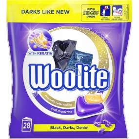 Woolite Dark Black & Denim gelové kapsle s keratinem na tmavé a černé prádlo, odstraní skvrny, ochrana před ztrátou tvaru a zachování intenzity barvy 28 kusů