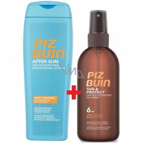 Piz Buin Tan & Protect SPF6 ochranný olej urychlující proces opalování 150 ml sprej + After Sun Tan Intensifying hydratační mléko po opalování, zdůrazňuje opálení 200 ml, duopack