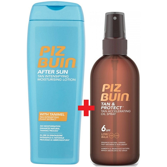 Piz Buin Tan & Protect SPF6 ochranný olej urychlující proces opalování 150 ml sprej + After Sun Tan Intensifying hydratační mléko po opalování, zdůrazňuje opálení 200 ml, duopack